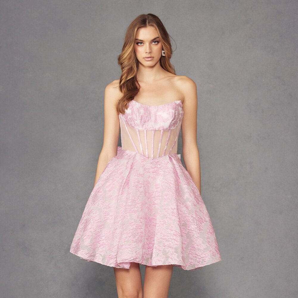 New Strapless Formal A-line Mesh Dress w/ Floral Pattern & Oversized Bow JT982S